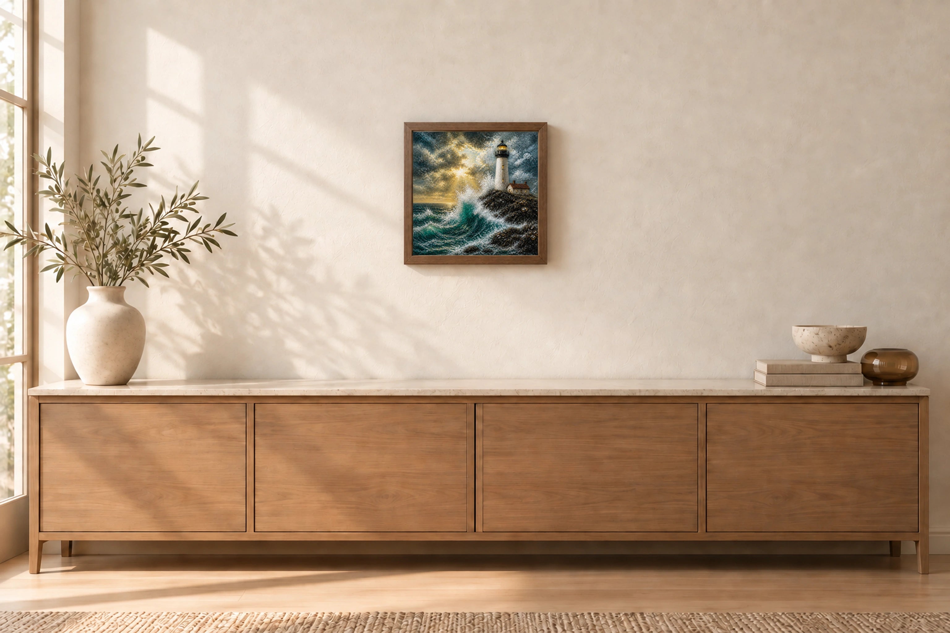 Storm Lighthouse shown to approximate scale in a warm minimalist room