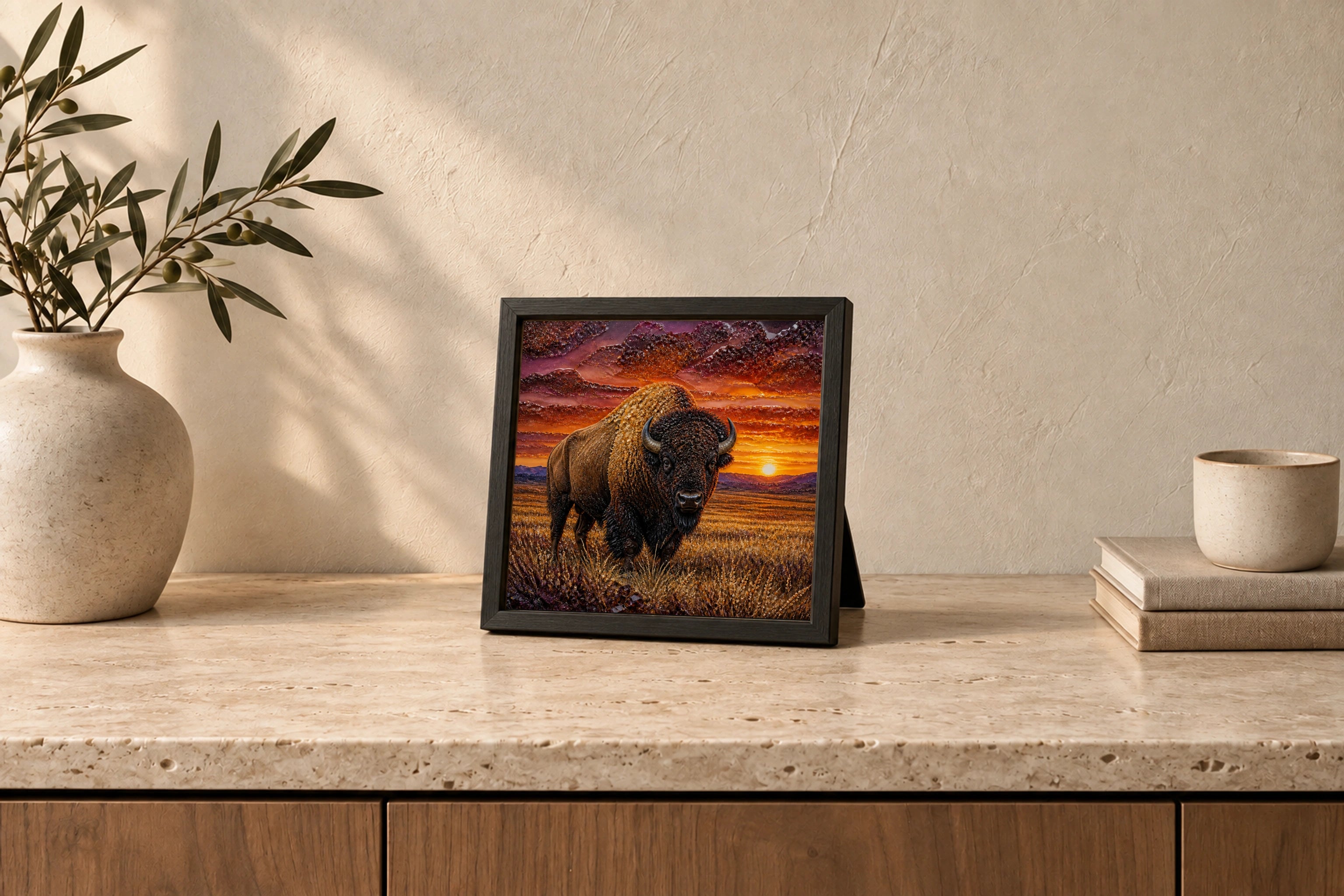 Sunset Bison shown to approximate scale in a warm minimalist room