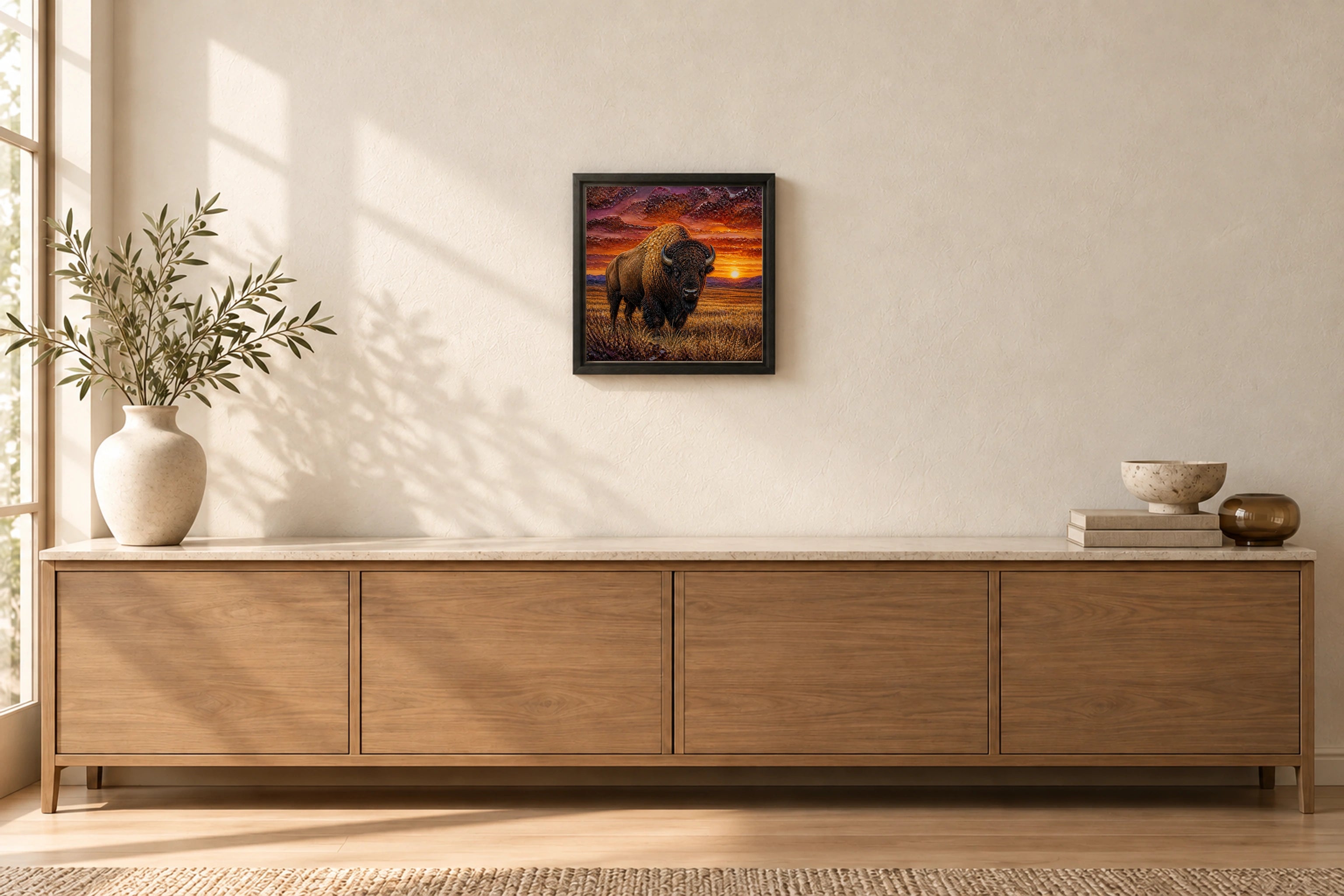 Sunset Bison shown to approximate scale in a warm minimalist room