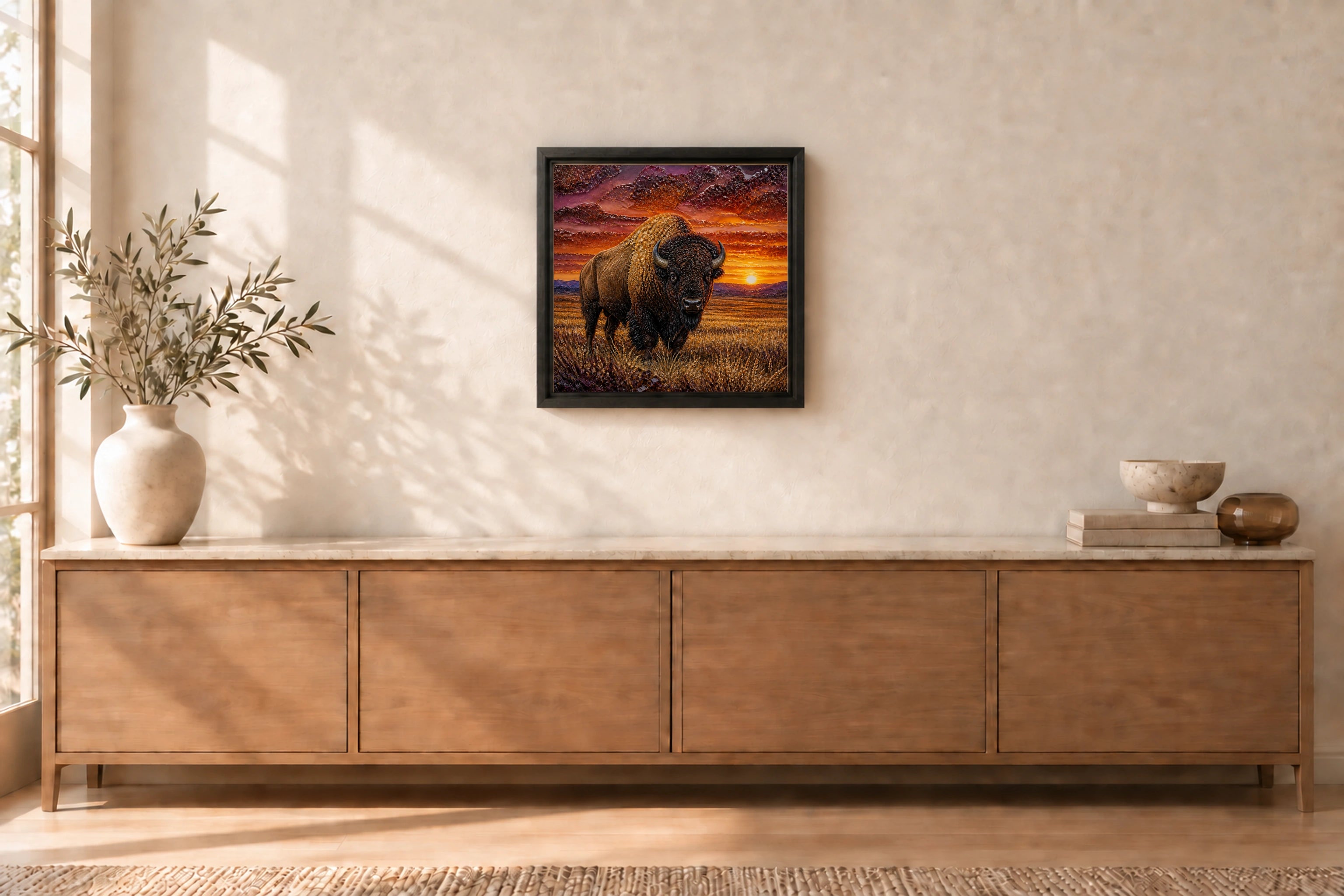 Sunset Bison shown to approximate scale in a warm minimalist room