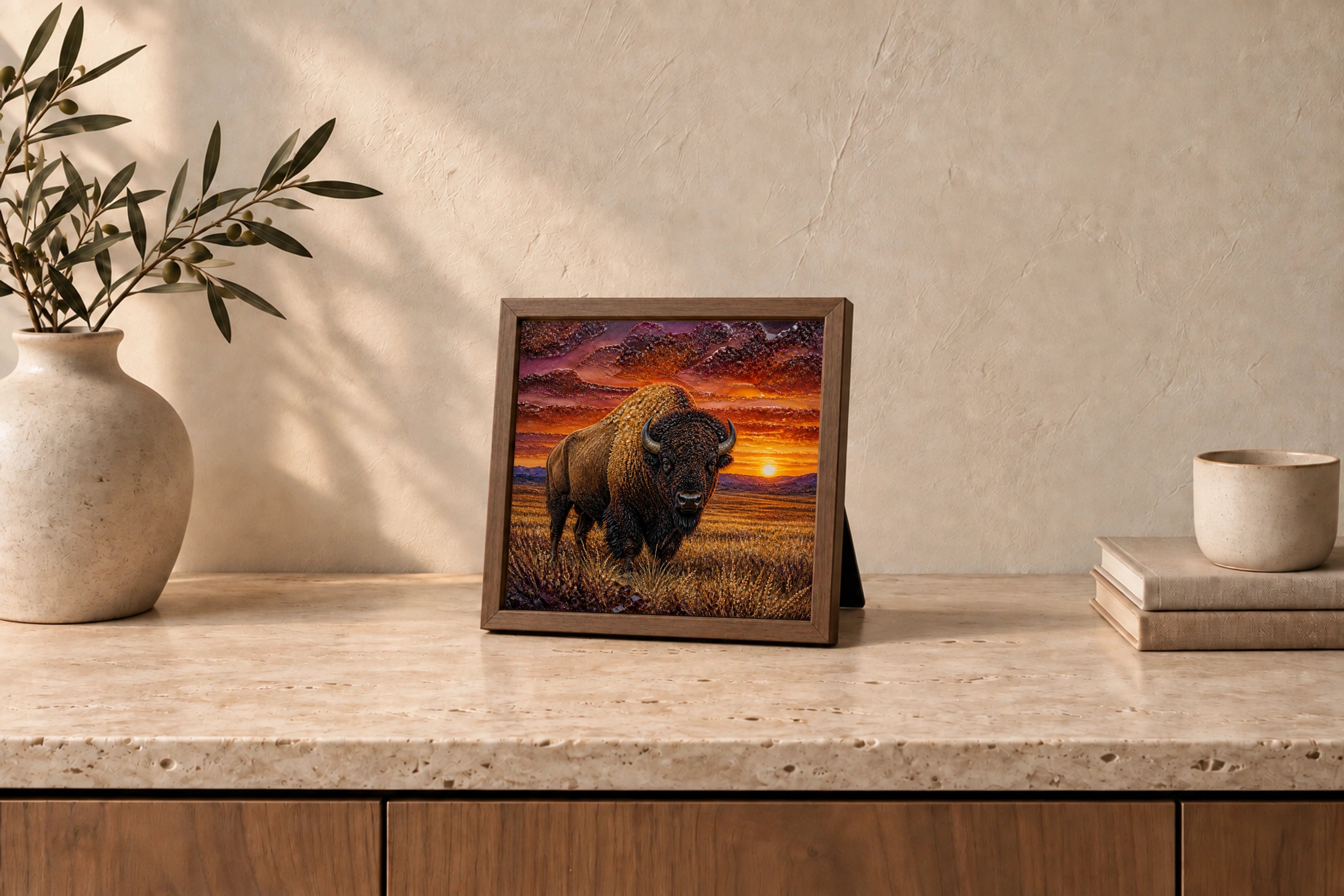 Sunset Bison shown to approximate scale in a warm minimalist room