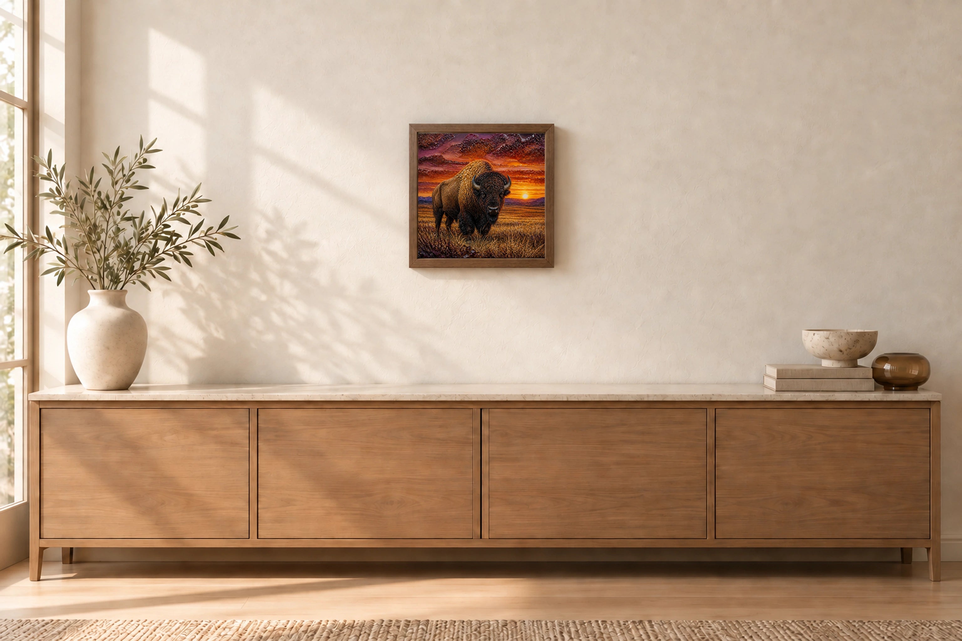 Sunset Bison shown to approximate scale in a warm minimalist room