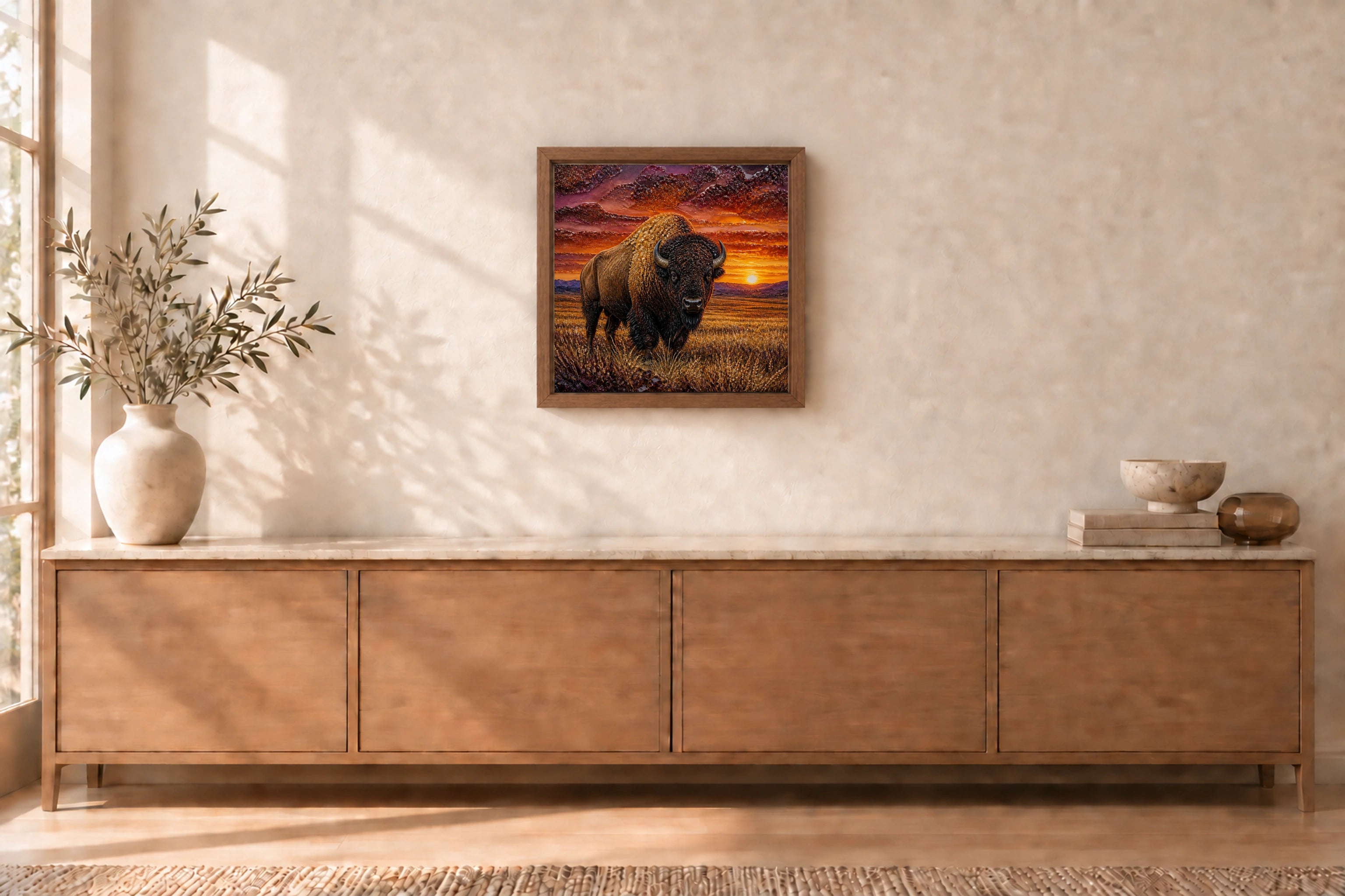 Sunset Bison shown to approximate scale in a warm minimalist room