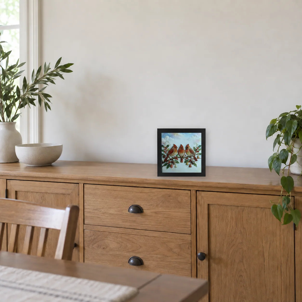 Winter Cardinals shown to approximate scale in a warm minimalist room