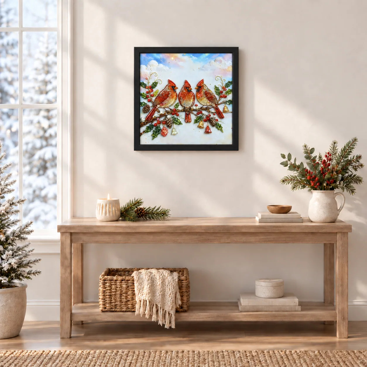 Winter Cardinals shown to approximate scale in a warm minimalist room