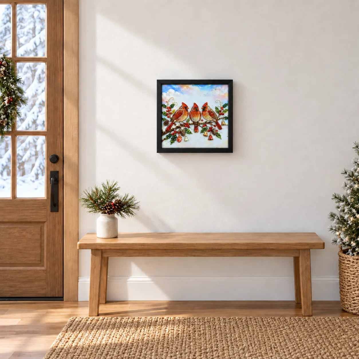 Winter Cardinals shown to approximate scale in a warm minimalist room