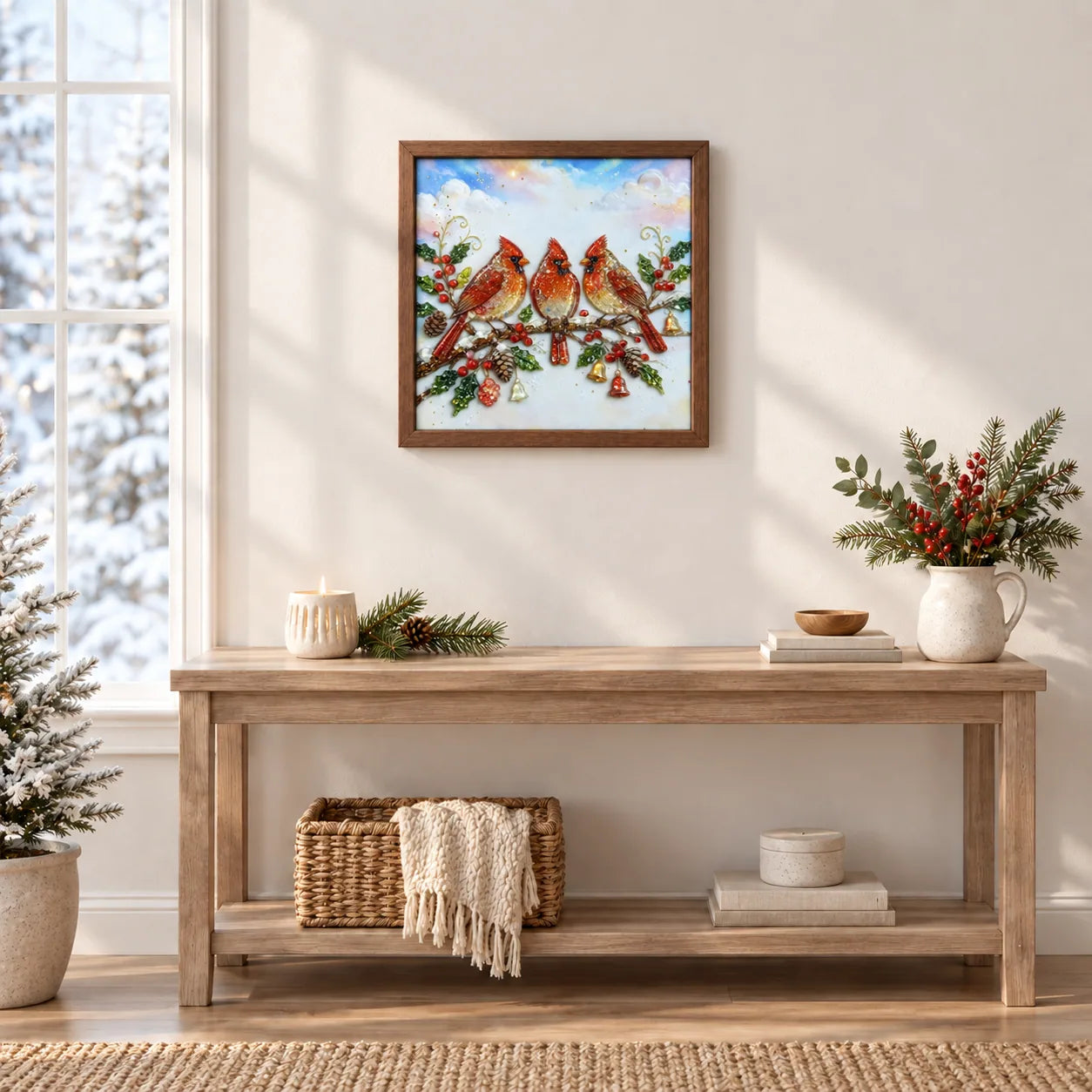 Winter Cardinals shown to approximate scale in a warm minimalist room