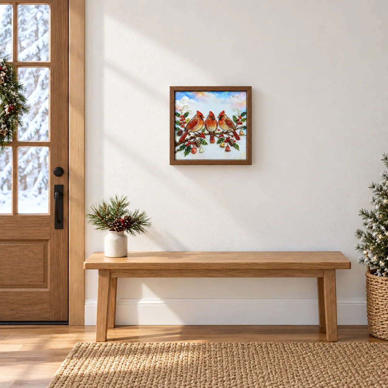 Winter Cardinals shown to approximate scale in a warm minimalist room
