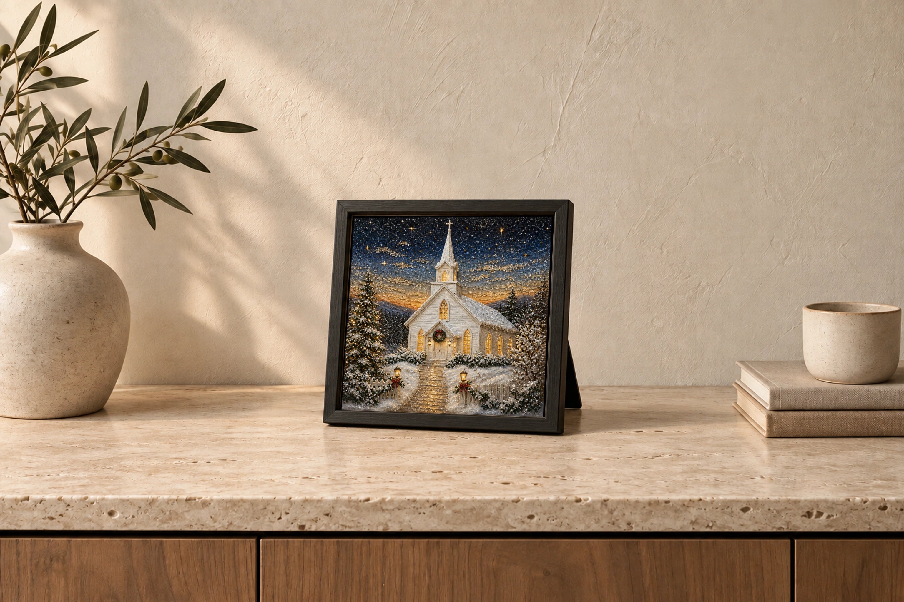 Winter Chapel shown to approximate scale in a warm minimalist room