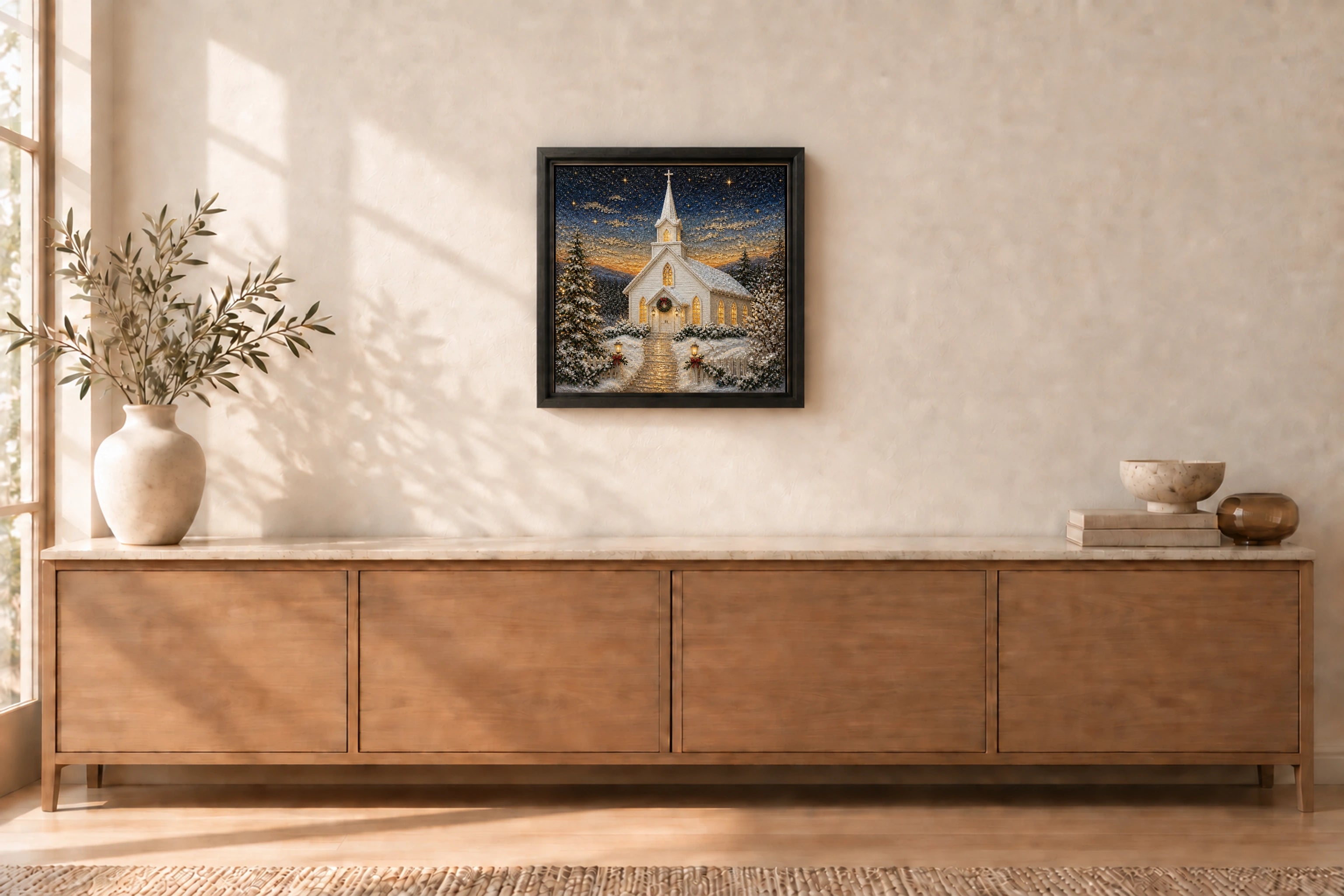 Winter Chapel shown to approximate scale in a warm minimalist room