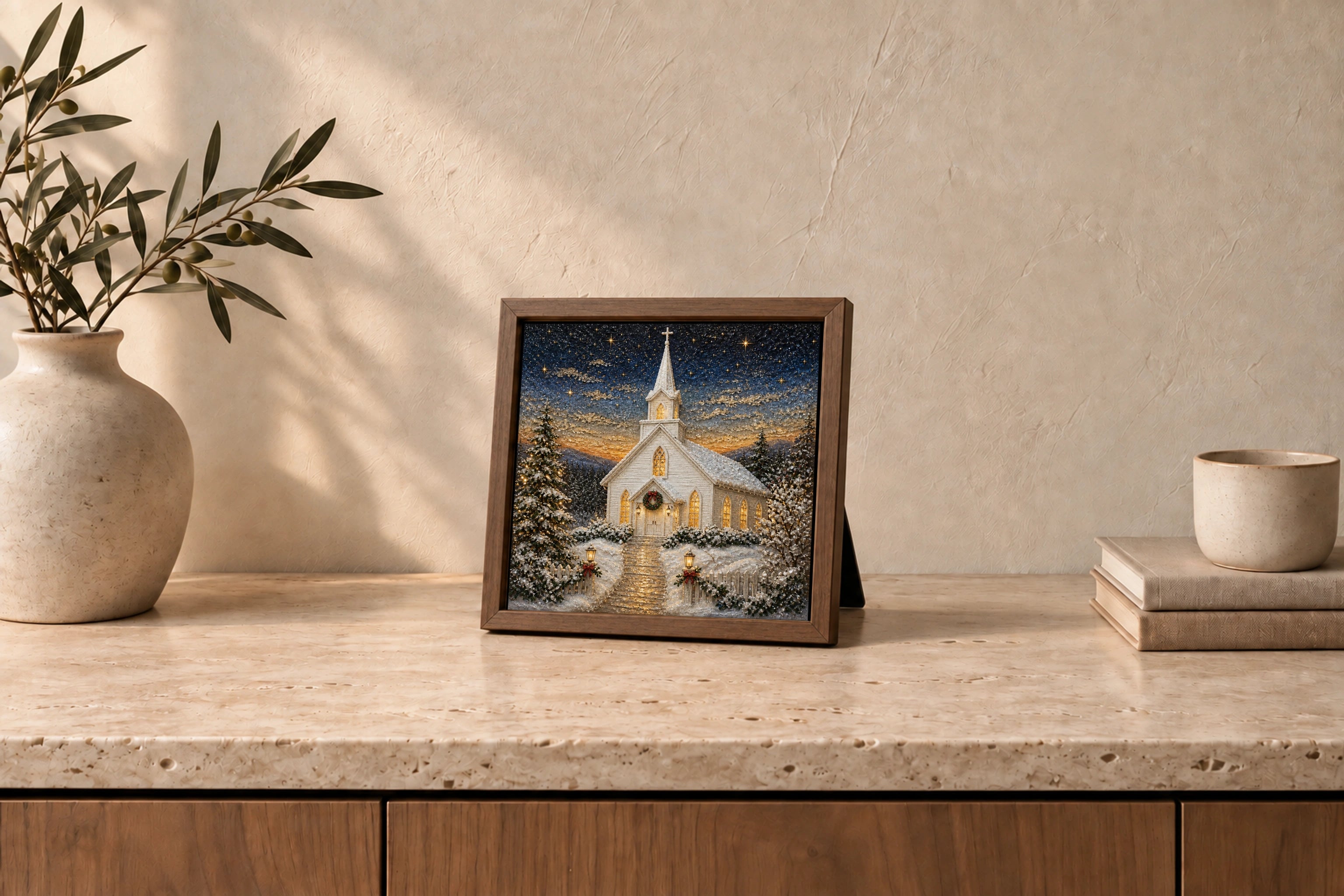 Winter Chapel shown to approximate scale in a warm minimalist room