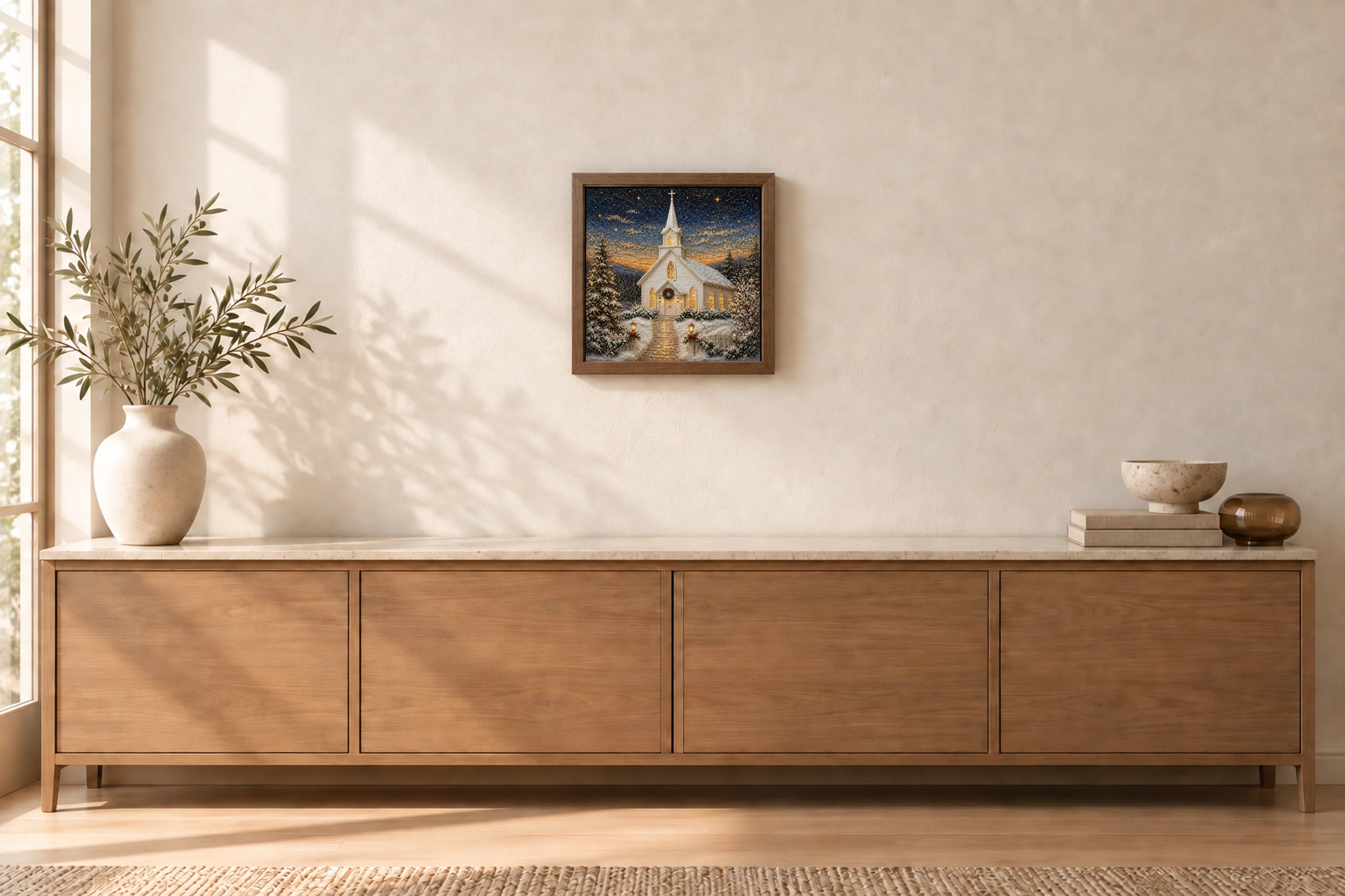 Winter Chapel shown to approximate scale in a warm minimalist room