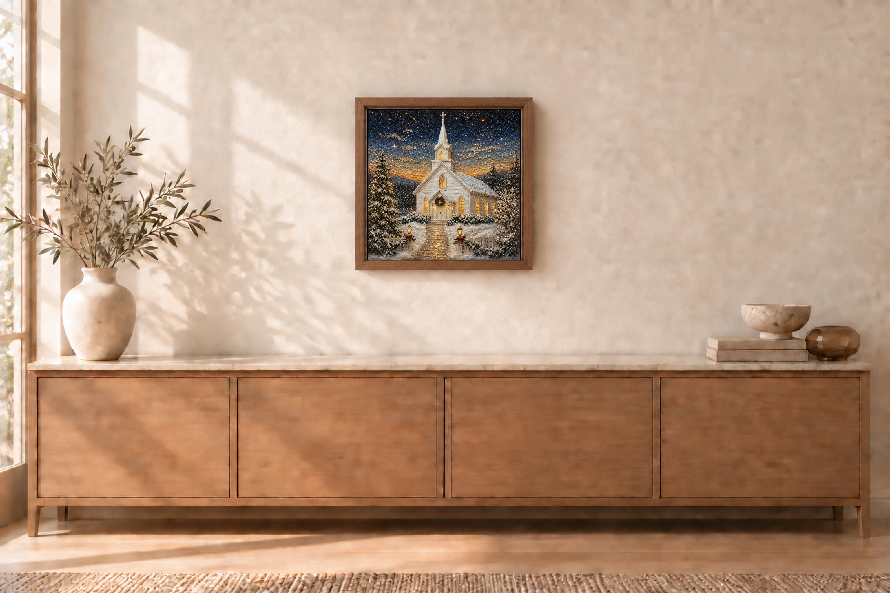 Winter Chapel shown to approximate scale in a warm minimalist room
