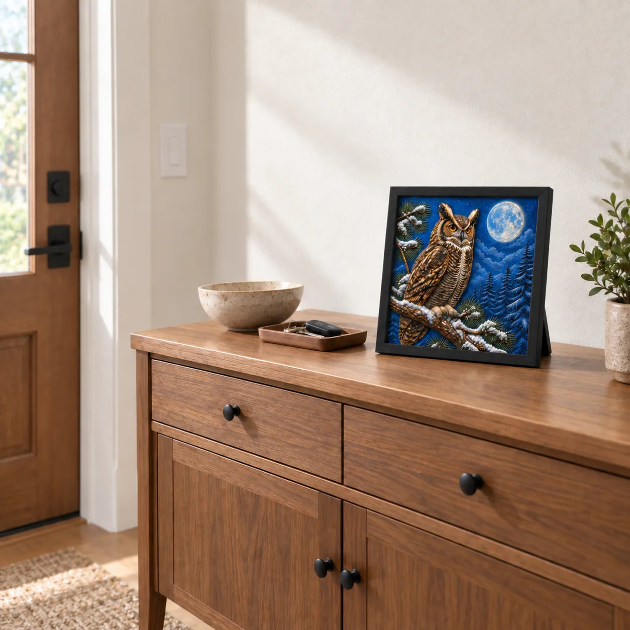 Winter Woodland Owl shown to approximate scale in a warm minimalist room