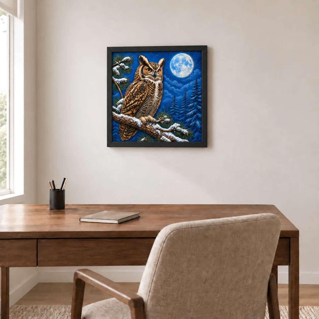 Winter Woodland Owl shown to approximate scale in a warm minimalist room