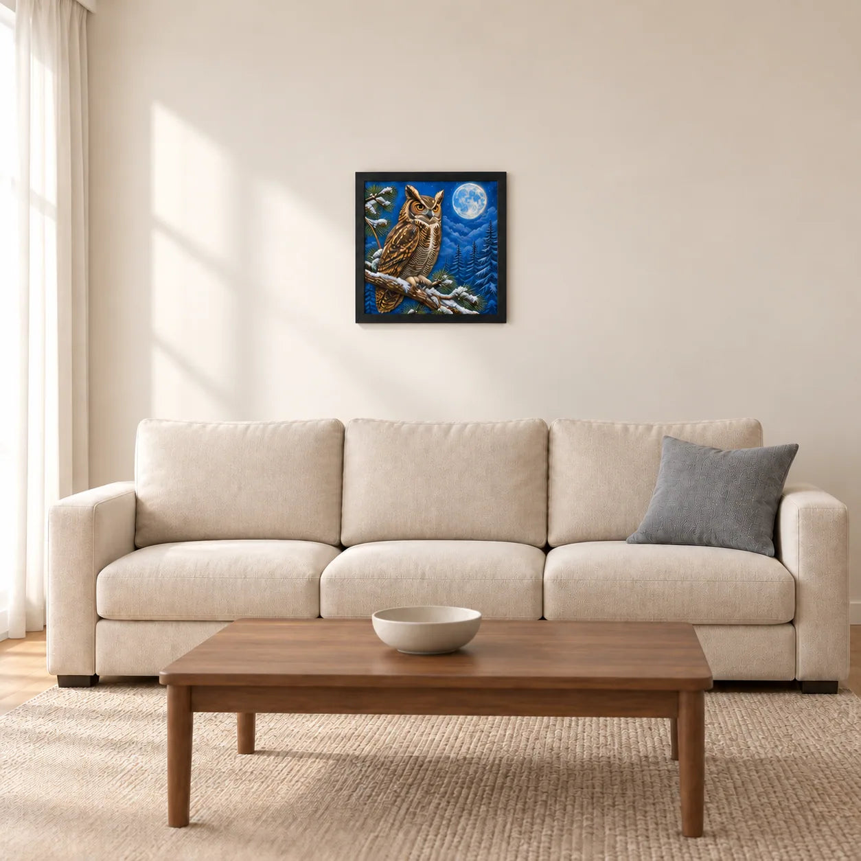Winter Woodland Owl shown to approximate scale in a warm minimalist room