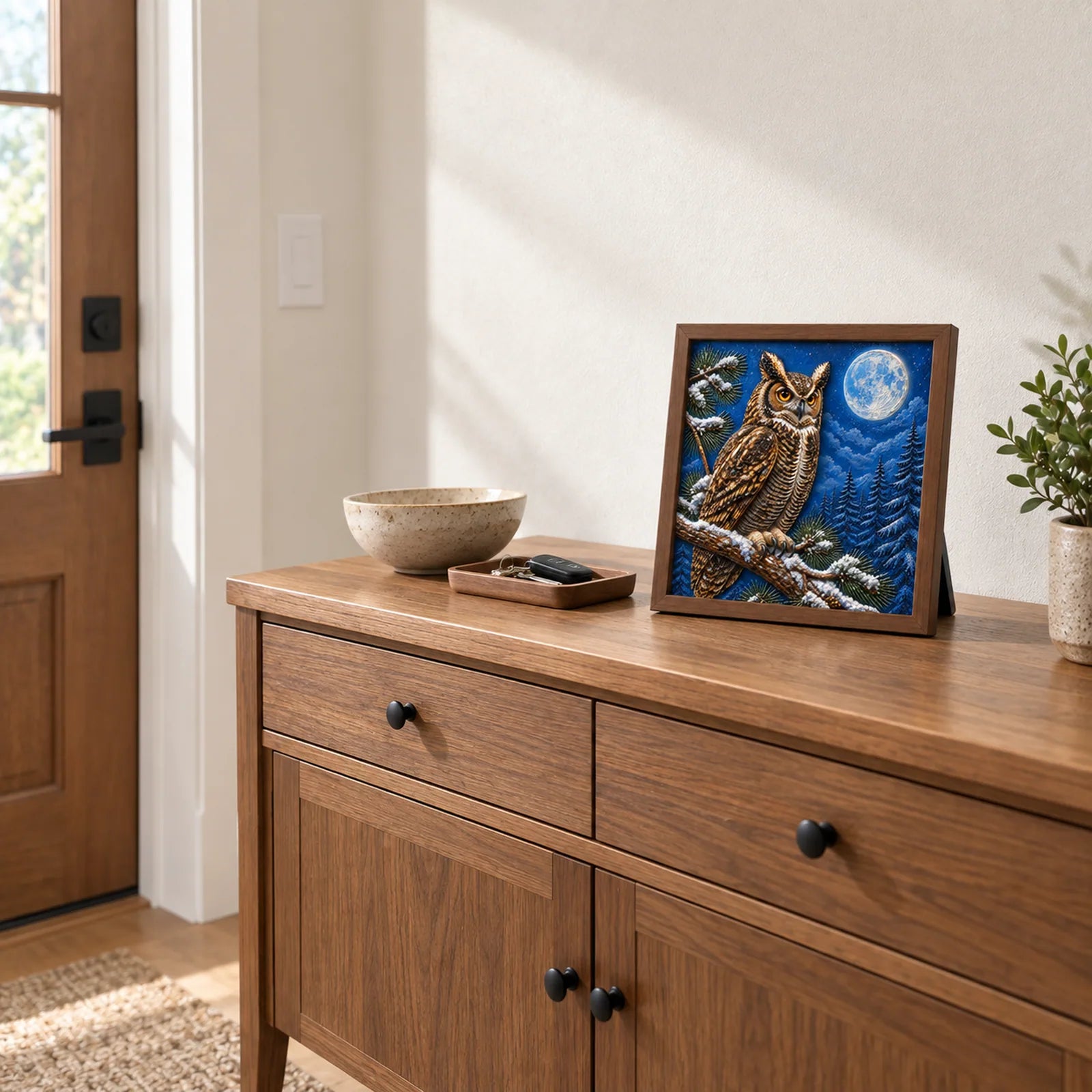 Winter Woodland Owl shown to approximate scale in a warm minimalist room
