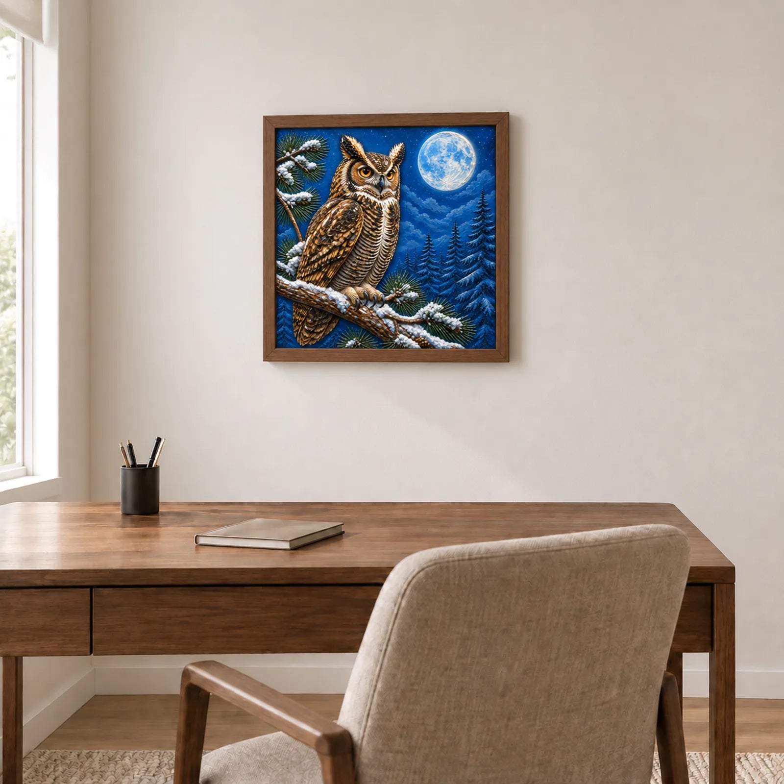 Winter Woodland Owl shown to approximate scale in a warm minimalist room