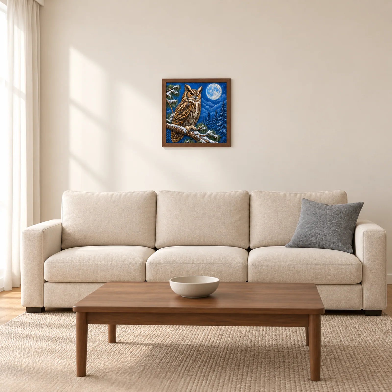 Winter Woodland Owl shown to approximate scale in a warm minimalist room
